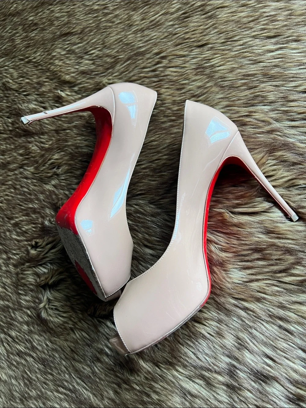 Christian Louboutin Nude Patent Peep-Toe Pumps with Signature Red Sole